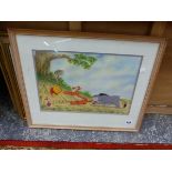 A DISNEY COLOUR PICTURE OF WINNIE THE POOH AND TWO LANDSCAPE PRINTS (3)