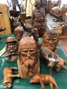 A QANTITY OF CARVED EUROPEAN FIGURES AND BUSTS