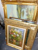 A LARGE GROUP OF DECORATIVE PICTURES INCLUDING FLORAL STILL LIFE PAINTINGS, LANDSCAPES, PENCIL