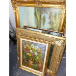 A LARGE GROUP OF DECORATIVE PICTURES INCLUDING FLORAL STILL LIFE PAINTINGS, LANDSCAPES, PENCIL