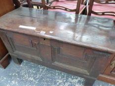 AN 18th C. AND LATER OAK COFFER WITH TWIN PANELLED FRONT AND INTERIOR CANDLE BOX. W 99cms.