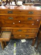 A 20th C. YEW WOOD VENEERED CAMPAIGN SECRETAIRE CHEST OF SEVEN DRAWERS. W 91.5 x D 41 x H 113cms.