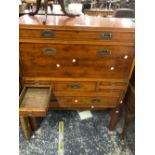 A 20th C. YEW WOOD VENEERED CAMPAIGN SECRETAIRE CHEST OF SEVEN DRAWERS. W 91.5 x D 41 x H 113cms.