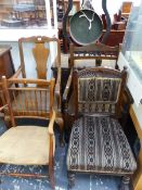A VICTORIAN MAHOGANY SIDE CHAIR, TWO ELBOW CHAIRS AND A COMMODE CHAIR WITH CANED SEAT