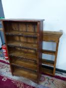 A PINE OPEN BOOKCASE TOGETHER WITH A PINE OPEN BACKED THREE SHELF DRESSER BACK