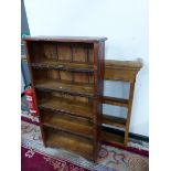 A PINE OPEN BOOKCASE TOGETHER WITH A PINE OPEN BACKED THREE SHELF DRESSER BACK