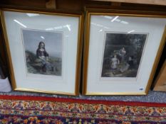 FOUR GILT FRAMED HAND COLOURED PRINTS OF VICTORIAN FIGURAL SUBJECTS. SIZES VARY (4)