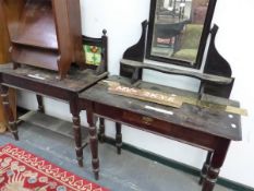 A STAINED PINE DRESSING TABLE AND A TILE BACKED WASH STAND EN SUITE. W 99 x D 41 x H 105cms.