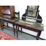 A STAINED PINE DRESSING TABLE AND A TILE BACKED WASH STAND EN SUITE. W 99 x D 41 x H 105cms.