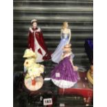 A LARGE BLUE AND WHITE STICK STAND, A WILLOW PATTERN JUG, FIVE DOUTLON FIGURINES, AND A