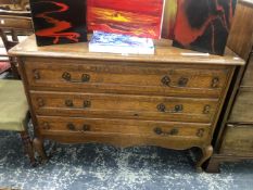 A 19th C. STYLE EUROPEAN OAK CHEST OF THREE LONG DRAWERS ON CABRIOLE LEGS. W 112 x D 47.5 x H 80cms.