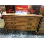 A 19th C. STYLE EUROPEAN OAK CHEST OF THREE LONG DRAWERS ON CABRIOLE LEGS. W 112 x D 47.5 x H 80cms.