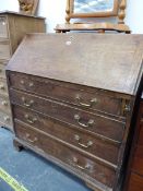 A GEORGE III MAHOGANY BUREAU, THE FALL ABOVE FOUR GRADED DRAWERSAND BRACKET FEET. W 98 x D 58 x H