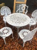 CAST METAL TABLE AND FIVE CHAIRS