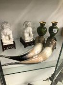 TWO GREEN CLOISONNE VASES, TWO WHITE METAL MOUNTED HORNS, AND A PAIR OF FO DOGS.