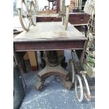 A 19th C. MAHOGANY PEMBROKE TABLE, THE FLAP TOP ON FOLIATE CARVED COLUMN, QUADRIPARTITE PLINTH AND