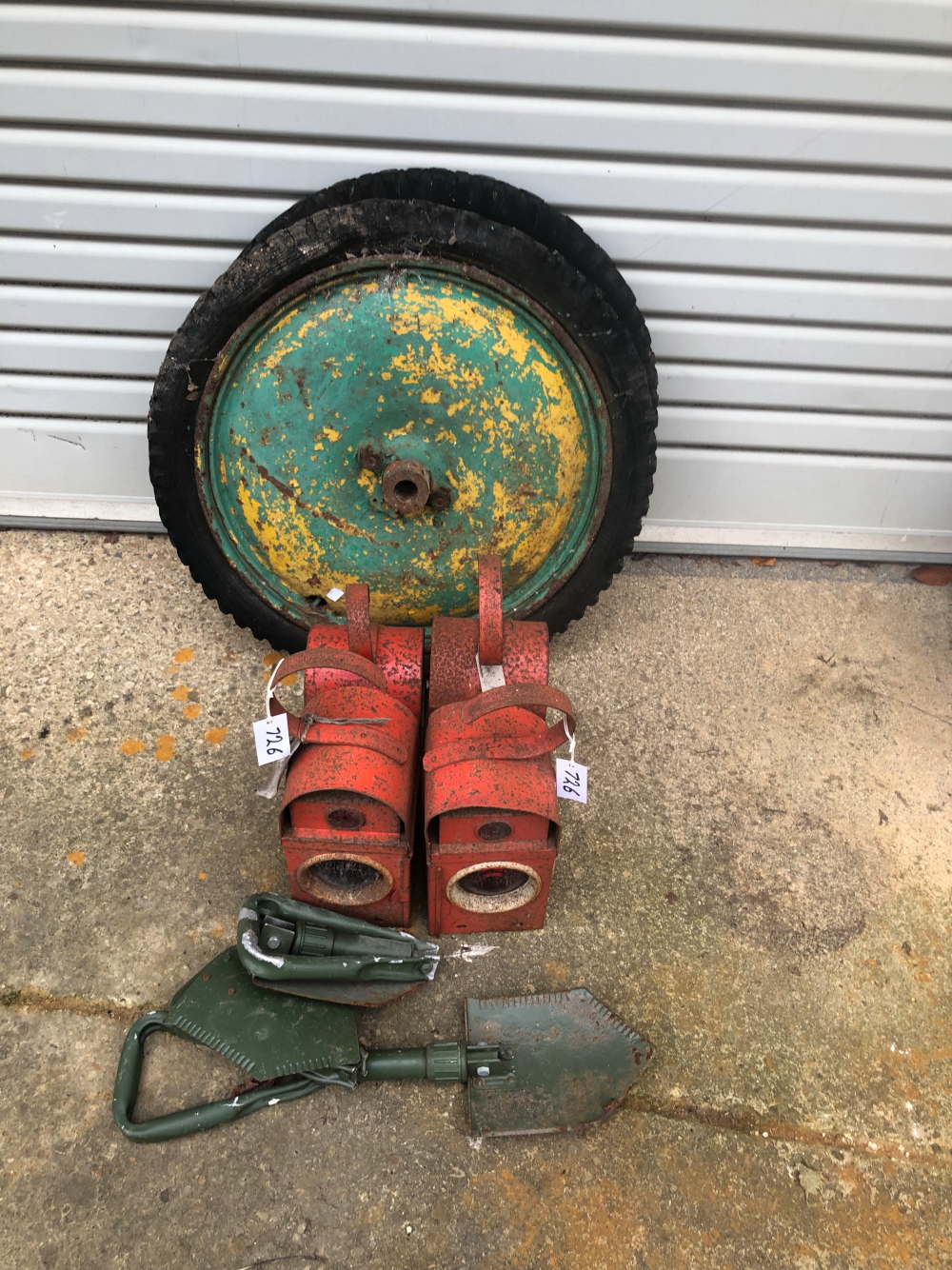 FOUR ROAD LAMPS, TWO MOWER WHEELS ETC