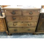 A 19th C. MAHOGANY CHEST OF TWO SHORT AND THREE GRADED LONG DRAWERS ON BRACKET FEET. W 105.5 x D