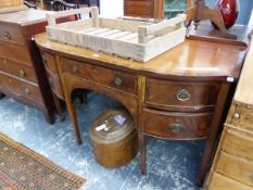 A 19th C. CROSS BANDED MAHOGANY SIDEBOARD, THE CENTRAL DRAWER FLANKED BY TWO QUARTER ROUND