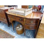 A 19th C. CROSS BANDED MAHOGANY SIDEBOARD, THE CENTRAL DRAWER FLANKED BY TWO QUARTER ROUND