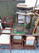 MISCELLANEOUS FURNITURE, TO INCLUDE: THREE CHAIRS, A GAMES TABLE, A FOOTSTOOL, FIRE BELLOWS, TWO