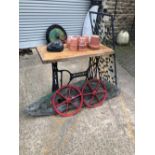 CAST IRON GARDEN TABLE, CAST IRON WHEELS, FLOWER POTS ETC