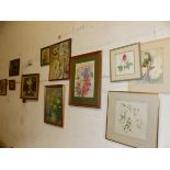 A QUANTITY OF FLORAL PAINTINGS AND A NAIVE STUDY OF A COW.