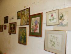 A QUANTITY OF FLORAL PAINTINGS AND A NAIVE STUDY OF A COW.