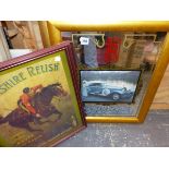 TWO DECORATIVE VINTAGE STYLE ADVERTISING MIRRORS, TOGETHER WITH ANOTHER FRAMED PRINT (3)