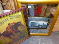 TWO DECORATIVE VINTAGE STYLE ADVERTISING MIRRORS, TOGETHER WITH ANOTHER FRAMED PRINT (3)