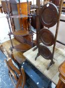 A MAHOGANY CORNER WHATNOT, A TOWEL RAIL, A FOLDING CAKE STAND, EBONISED HANGING SHELVES AND A