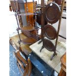 A MAHOGANY CORNER WHATNOT, A TOWEL RAIL, A FOLDING CAKE STAND, EBONISED HANGING SHELVES AND A