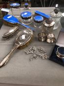 A HALLMARKED SILVER AND GUILLOCHE ENAMEL DRESSING TABLE SET, TOGETHER WITH A PAIR OF MILLENNIUM