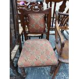 A 19th C. MAHOGANY SIDE CHAIR WITH MAUVE GROUND UPHOLSTERED BACK PANEL AND SEAT