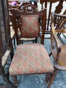 A 19th C. MAHOGANY SIDE CHAIR WITH MAUVE GROUND UPHOLSTERED BACK PANEL AND SEAT