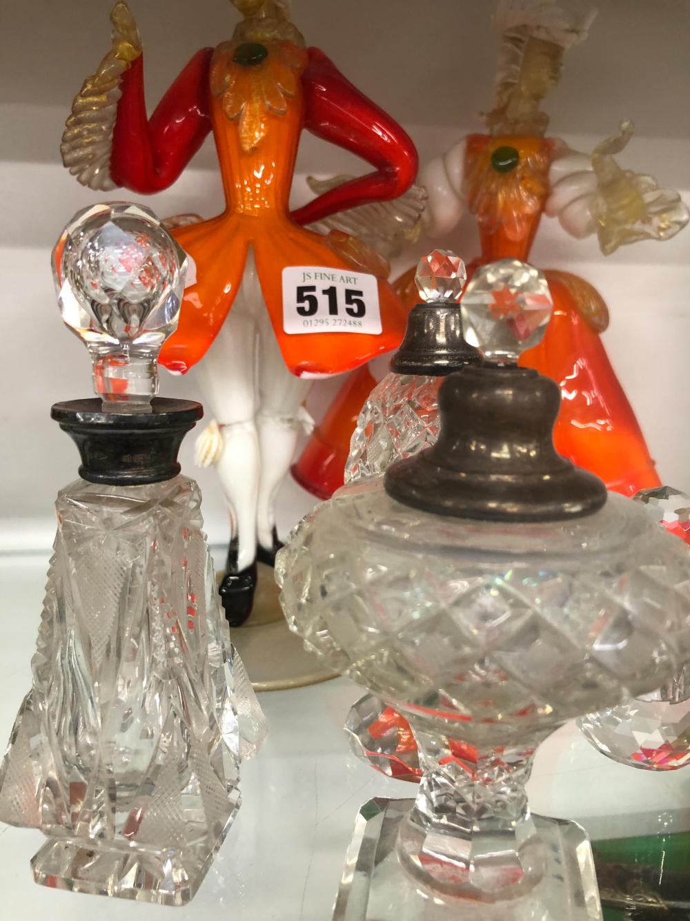 FOUR CUT GLASS MOUNTED SMALL SCENT BOTTLES, AND TWO ART GLASS HAND FORGED GLASS FIGURES. - Image 2 of 3