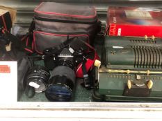 A VINTAGE SCHUBERT CALCULATOR, PENTAX AND OTHER CAMERAS ETC.