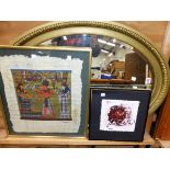 AN EDWARDIAN GILT OVAL BEVEL EDGE MIRROR TOGETHER WITH TWO PICTURES