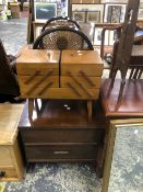 A TWO TIER BOOK TROUGH, TWO MIRRORS, A MAHOGANY SINGLE DRAWER COFFEE TABLE, A CONCERTINA SEWING