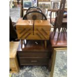 A TWO TIER BOOK TROUGH, TWO MIRRORS, A MAHOGANY SINGLE DRAWER COFFEE TABLE, A CONCERTINA SEWING