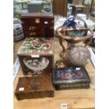 A HARDSTONE INSET GLOBE, A STONE SPHERE, AN ORIENTAL STYLE JEWELLERY CASKET ETC.