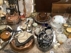 A VICTORIAN OIL LAMP, CANDLESTICKS, PLATED AND OTHER METAL WARES, A LETTER RACK, GLASSWARES ETC.