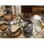 A VICTORIAN OIL LAMP, CANDLESTICKS, PLATED AND OTHER METAL WARES, A LETTER RACK, GLASSWARES ETC.