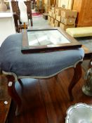 A VICTORIAN MAHOGANY STOOL, THE UPHOLSTERED SEAT ABOVE CABRIOLE LEGS TOGETHER WITH A MAHOGANY FRAMED