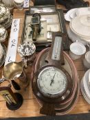 AN ENGLISH MADE EDWARDIAN PERIOD DESK THERMOMETER, A WALL BAROMETER, VARIOUS MILITARY PRINTS, AND