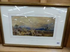 ATTRIBUTED TO W. COLLINGWOOD SMITH. A LATE 19th.C. WATERCOLOUR OF A HARVEST SCENE. 17.5 x 35cms