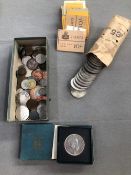 A QUANTITY OF VINTAGE COINS AND BANKNOTES, GPO STAMP BOOKS, FESTIVAL OF BRITAIN CROWNS, CHURCHILL