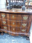 A DUTCH EAST INDIAN HARDWOOD CHEST OF THREE WAVY FRONTED DRAWERS ON BALL AND CLAW FEET. W 77 x D