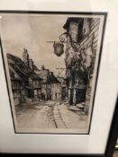 VARIOUS FRAMED ETCHINGS AND OTHER PRINTS. TOGETHER WITH A FOLDER CONTAINING VINTAGE POST CARDS AND