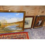 A DECORATIVE LANDSCAPE OIL PAINTINGS. TOGETHER WITH A DOG PORTRAIT AND TWO PRINTS. SIZES VARY